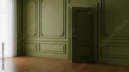 Wallpaper Mural An opulent, empty room with green paneling, a door ajar, and sheer white curtains Torontodigital.ca