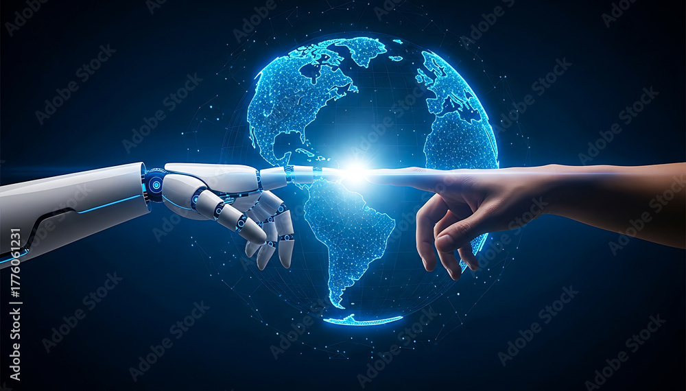 Fototapeta premium Robot Arm Touching World with Human Hand Concept of Future Technology Artificial Intelligence Interaction Digitization