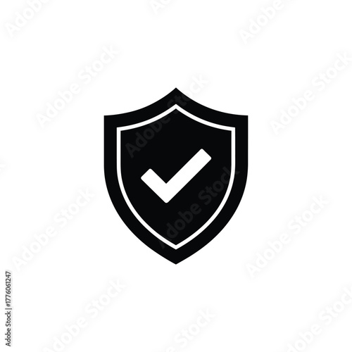 Black and White Shield Icon With White Check Mark Inside Illustration