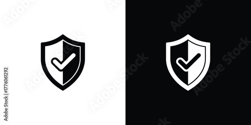 Black and White Shields with Check Marks Symbolizing Protection and Verification, Security Icons on Contrasting Backgrounds