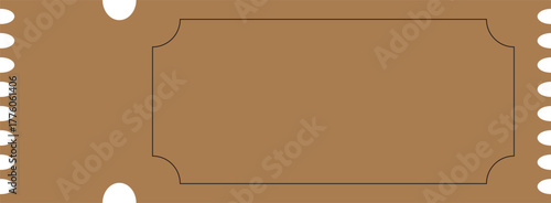 Vintage brown ticket design with perforated edges and blank center space. Retro cinema or event pass template ideal for invitations, coupons, or admission graphics. Perfect for print, web,
