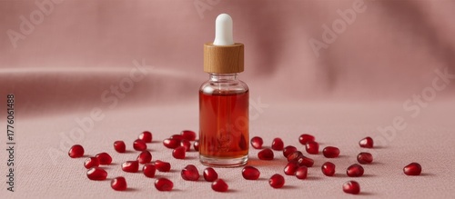 Natural skincare with pomegranate oil in glass dropper bottle for beauty product design. rustic elegance for organic cosmetics and holistic wellness.