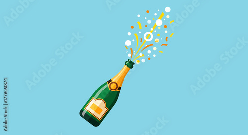 Champagne bottle popping with confetti on blue background.