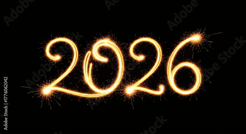 The year 2026 written in glowing golden sparkler light trails on a solid black background.