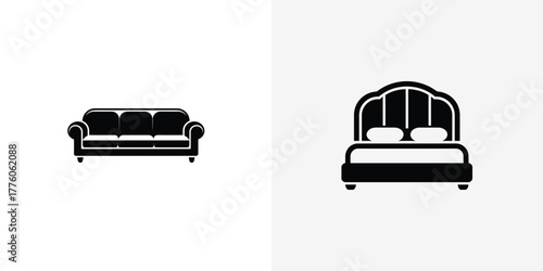 Black Silhouette Icons ThreeSeat Sofa and a Bed with Headboard and Pillows