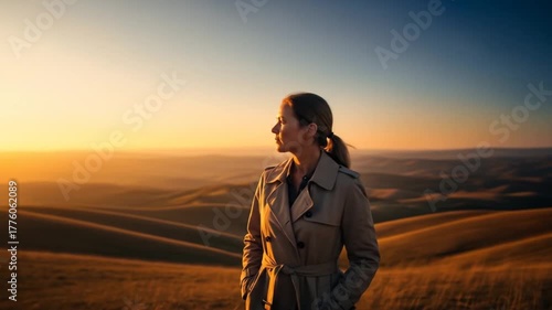 Woman in Trench Coat Gazing at Sunset Over Rolling Hills Video