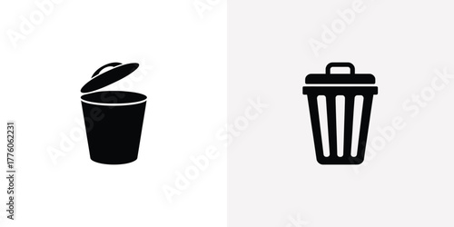 Black Solid Fill Trash Can with Lid Open and Closed, Icon on Transparent Background