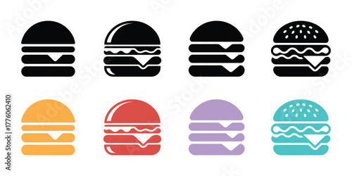 Burger Icons in Various Colors Illustration of Fast Food, Cheeseburgers, and Different Bun Types