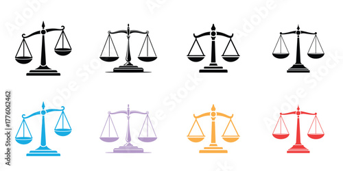 Collection of Eight Scales of Justice Illustrations in Varying Colors on a White Background