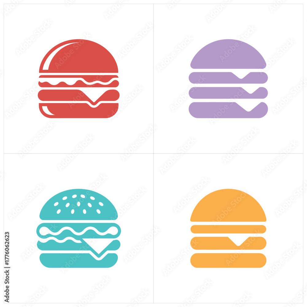 Fototapeta premium Colorful Hamburger Icons Red, Lilac, Teal, and Gold Burger Illustration on White Background