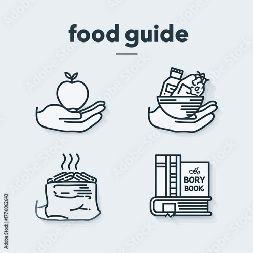 A graphic illustration depicting a food guide with four icons: a hand holding an apple, a hand holding a bowl of food, a bag of food with steam, and a book titled "Bory Book".