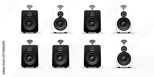 Illustration of eight wireless audio speakers in black and white, featuring a signal icon