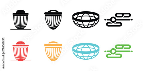Colorful Icons Waste Bin, Globe with Meridians and Parallels, Settings Toggle Switch in Flat Design Style