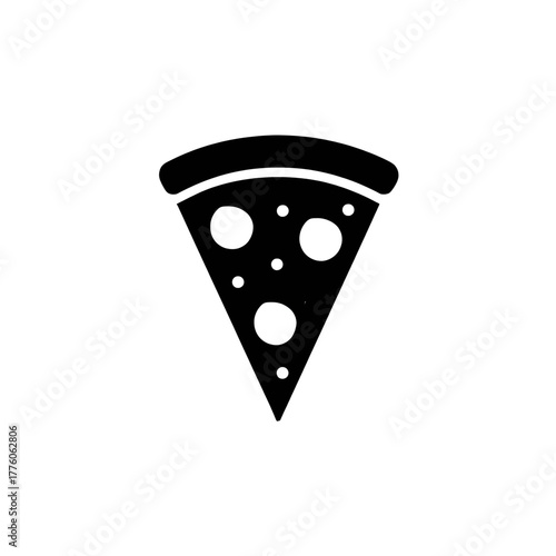 Black silhouette of a triangular pizza slice with circular toppings on a white background, representing a classic Italian fast food item.