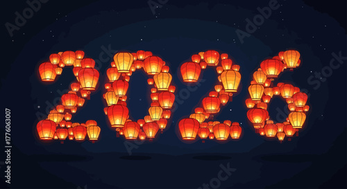 Glowing red and orange sky lanterns forming the number 2026 against a starry night background.