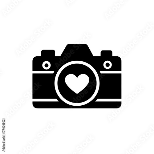 Black and white camera icon design with a heart symbol integrated into the lens