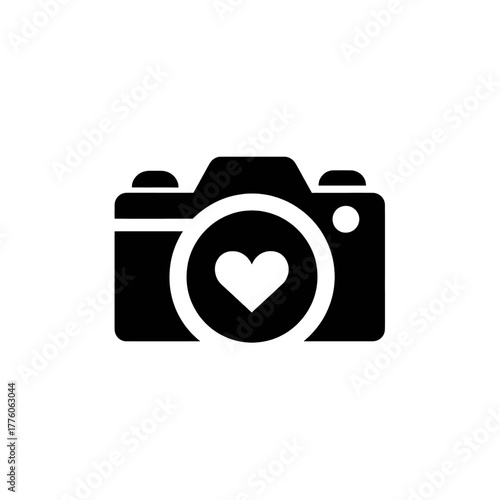Black and white camera icon with a heart symbol inside the lens. Clean, modern design