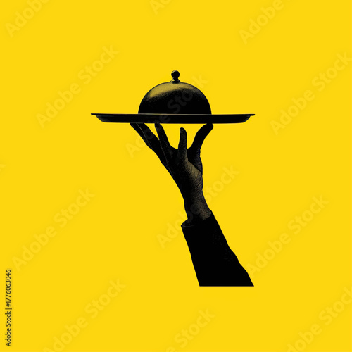 Silhouette of a hand holding a tray covered with a cloche against a yellow backdrop