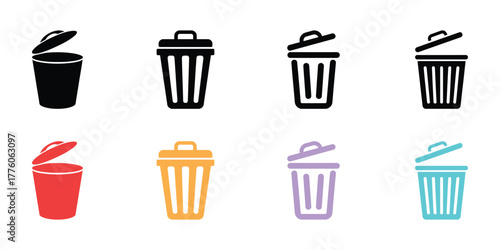 Eight Colorful and Black White Trash Can Icons Representing Waste Management Concepts