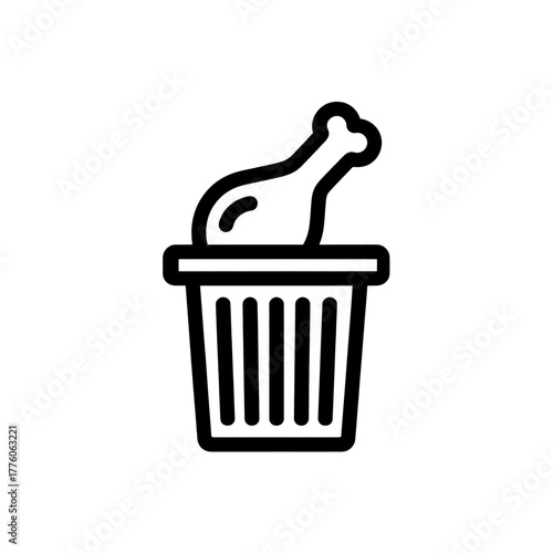 Line art icon depicting a chicken drumstick being thrown into a trash can, symbolizing food waste or disposal.