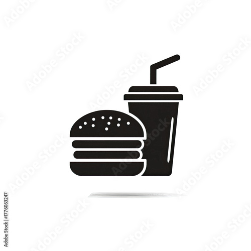 Black silhouette icon of a hamburger and a soda drink with a straw, representing fast food.