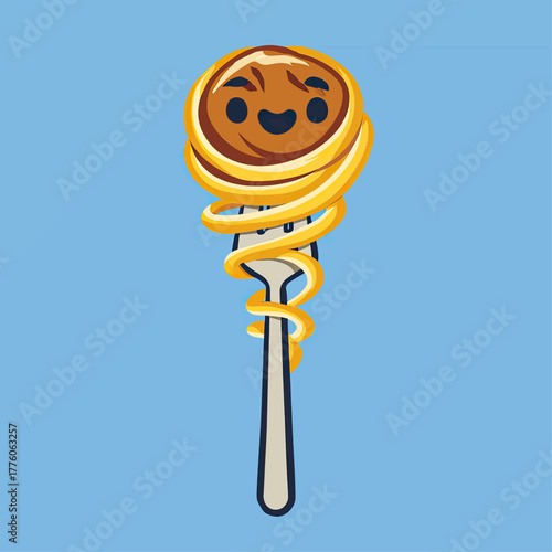 Animated cartoon pasta dish on a fork, featuring a smiling meatball face