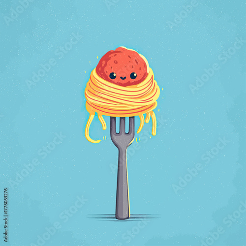 Animated cartoon image of a happy meatball embraced by spaghetti on a gray fork