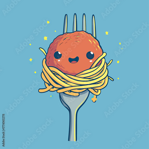 A cute, smiling cartoon meatball wrapped in spaghetti on a fork, with yellow sparkles around it.