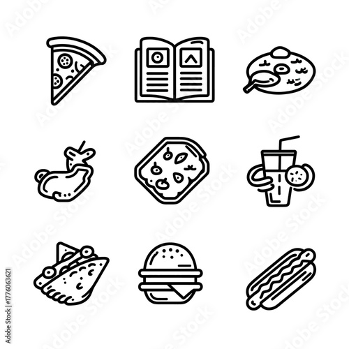 A collection of line art icons depicting various fast food items and a menu, arranged in a grid pattern.