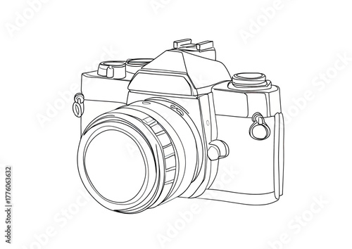 Detailed line art drawing of a vintage single-lens reflex camera.