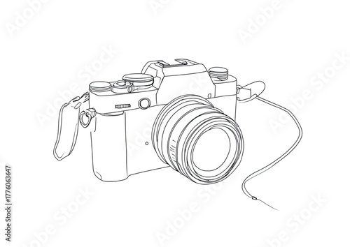 Detailed line drawing of a digital camera with lens and strap, isolated on white background.