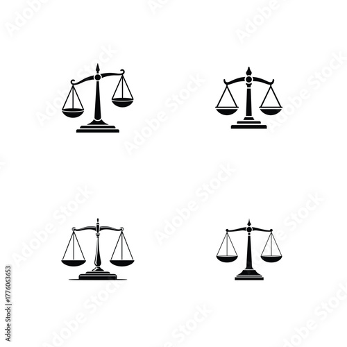 Four Different Black Silhouette Illustrations Depicting Scales of Justice on a White Background