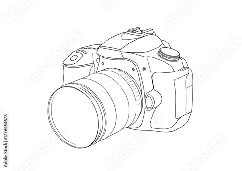 Detailed line art illustration of a modern digital camera with a prominent lens, depicted from a three-quarter perspective.