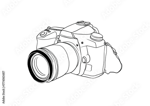 Detailed line art illustration of a digital single-lens reflex camera with a lens attached.