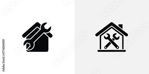Home Repair Icon Set Silhouette of House with Wrench Tools for Maintenance