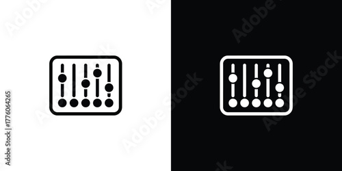 Isolated Black and White Icons Illustrating a Sound Mixing Console with Sliders and Knobs