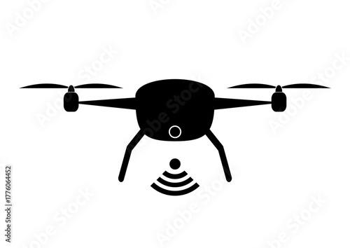 Dron, black vector icon, symbol. Drone with a camera taking photography or video recording.Quadrocopter. Flat design. 