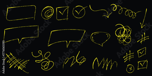 Yellow Hand Drawn Scribble Shapes Arrows Checkmarks and Speech Bubbles on Black Background handdrawn