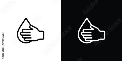 Minimalist Hand Holding Water Drop Outline Style on Transparent Background Icon Set