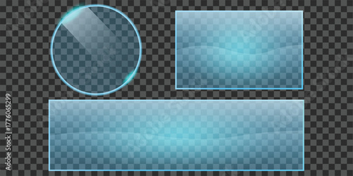 Set of realistic glass frames: circle, rectangle, and banner with a wave of cyan light, isolated on a transparent checker background. Modern clear acrylic or plexiglass panels with shadow effect.