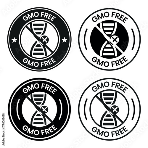 GMO free icon set. Non GMO label. No added or artificial chemicals logo, label, badge, sticker, symbol, emblem, stamp, line, vector, isolated illustration. GMO free label for product packaging design.