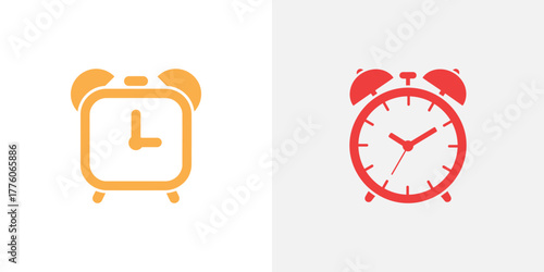 Orange Square and Red Round Alarm Clocks Icon Set on Light Background