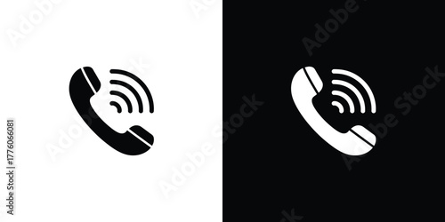 Phone Receiver Icon with Sound Waves on Transparent Background Black and White