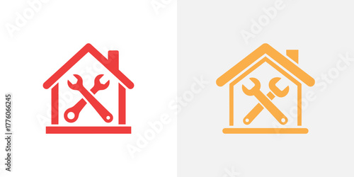 Red and Gold Home Repair Logo with Crossed Wrenches on a Clean Background