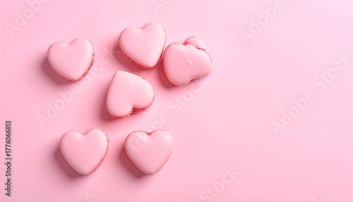 Pink heart macarons scattered on a matching pink backdrop with open space for text or graphics