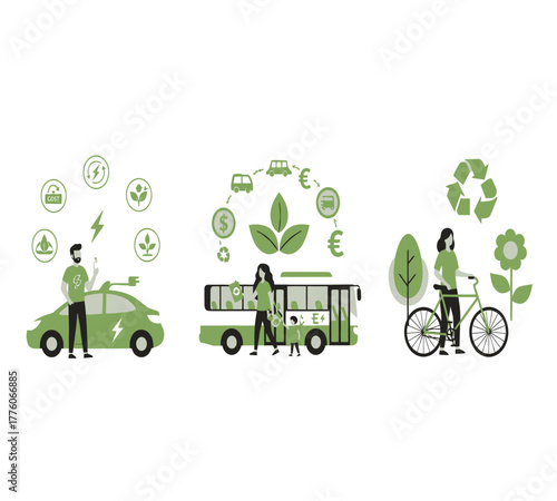 Illustrative ecofriendly transportation methods isolated on white background a visual depiction of sustainable choices in urban mobility and environmental responsibility