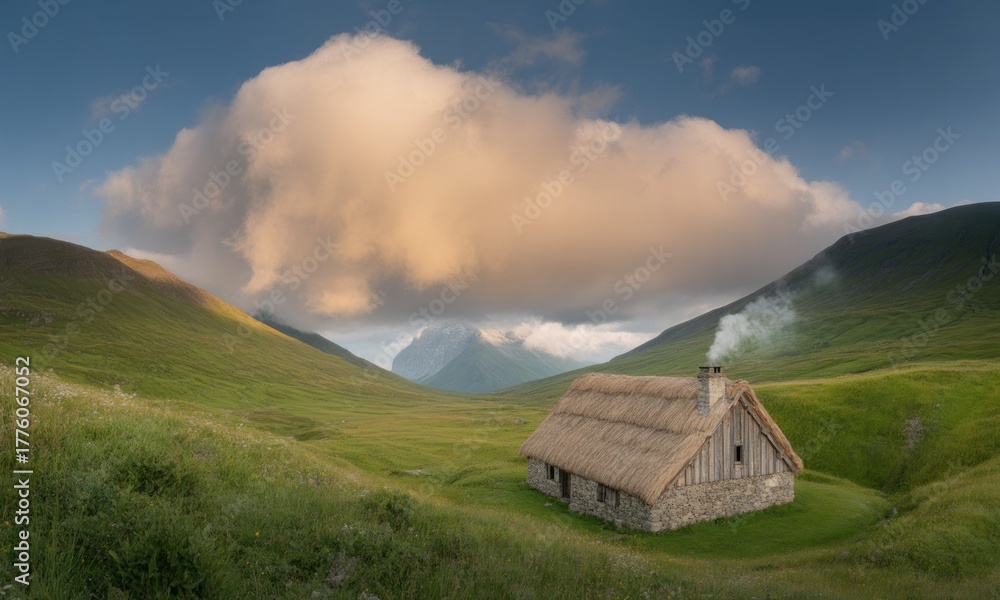 Obraz premium Quaint stone cottage with thatched roof in green valley, dramatic cloudscape above