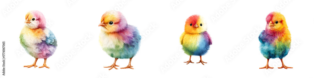 Fototapeta premium Watercolor Rainbow Chicks Set Isolated on White Background, Easter Illustration