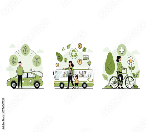 Illustrative ecofriendly transportation methods isolated on white background a visual depiction of sustainable choices in urban mobility and environmental responsibility