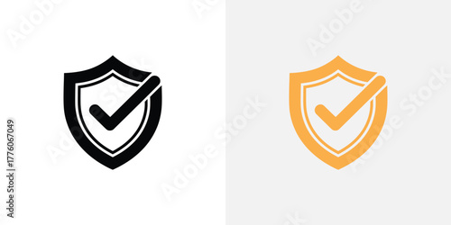 Shield and Checkmark Icons Black and Orange Security Symbols on White Backgrounds Representing Protection